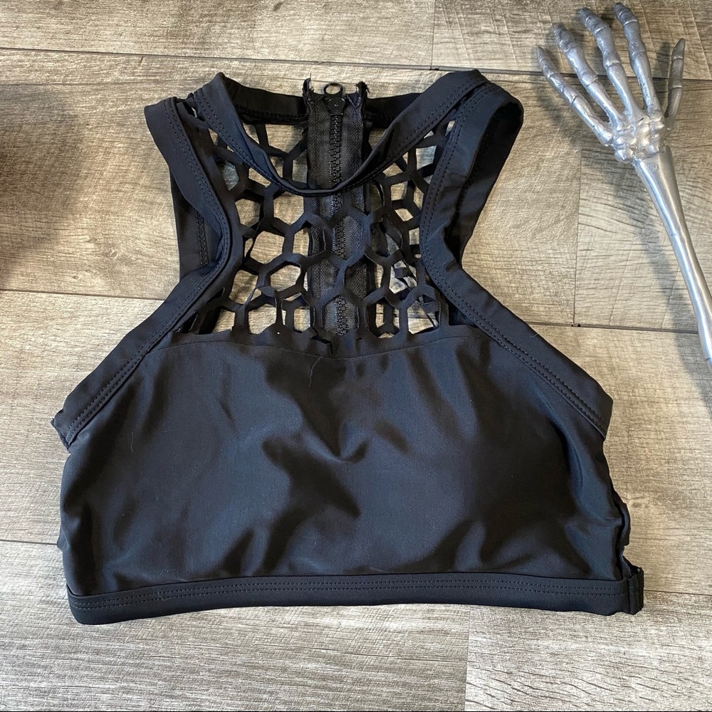 Sexy black cut out mesh bikini top zipper back